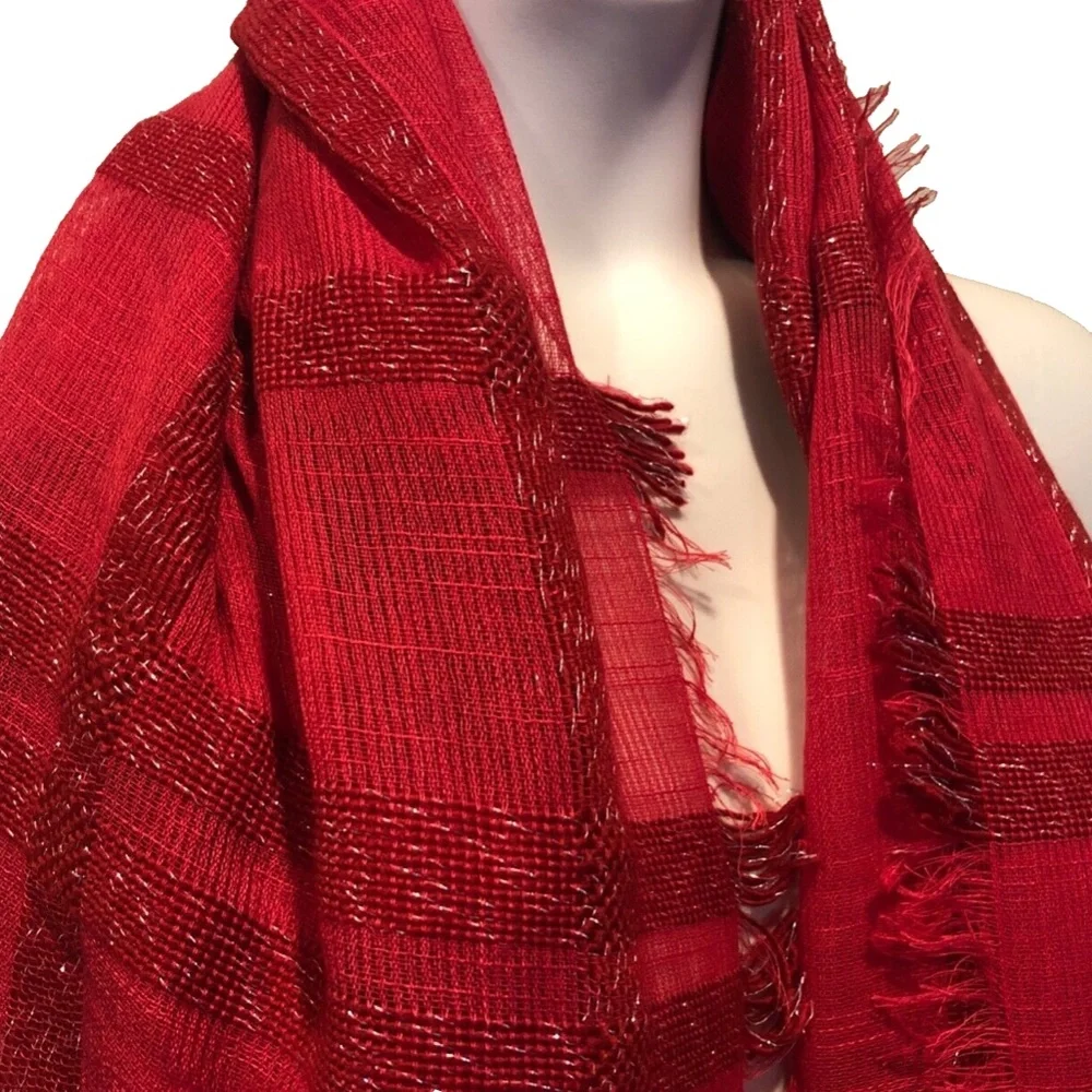 (NWT) Cejon Women's Red Lurex Check Scarf/Wrap ONE SIZE